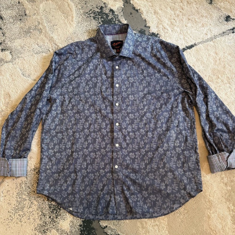Egara Blue Striped Floral Print Casual Button Up Shirt Flip Cuffs Size XXL - Picture 2 of 7